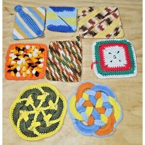 Lot Of 8 Vtg Crochet Floral Pot Holders HANDMADE Hot Pads kitchen dining knit